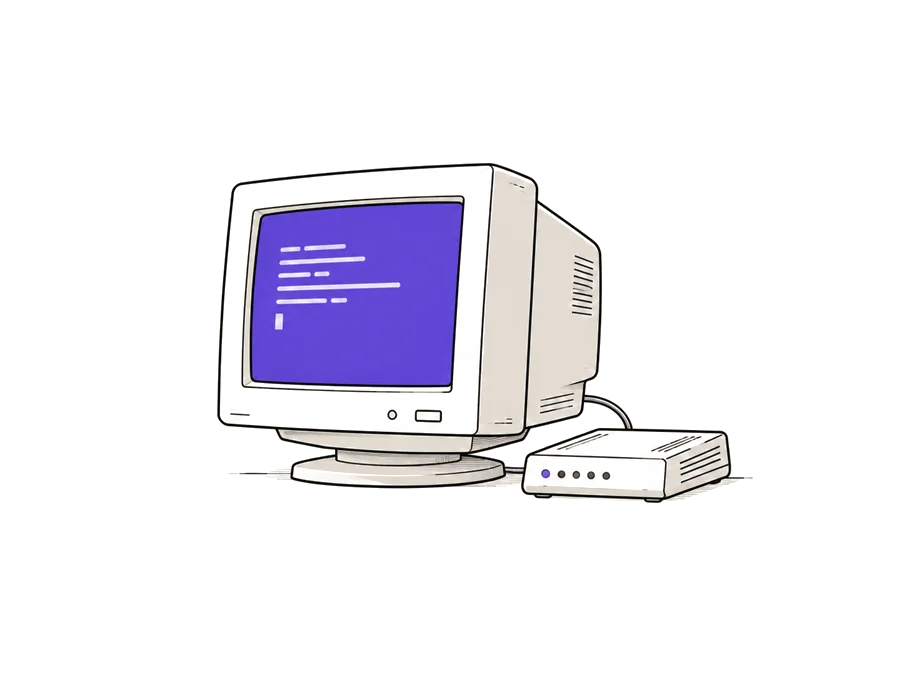 보라색 화면의 CRT 모니터와 모뎀